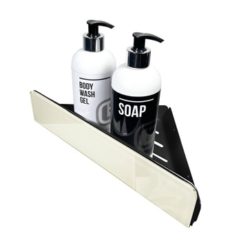 Czarna półka łazienkowa narożna ze szkłem lacobel kremowy