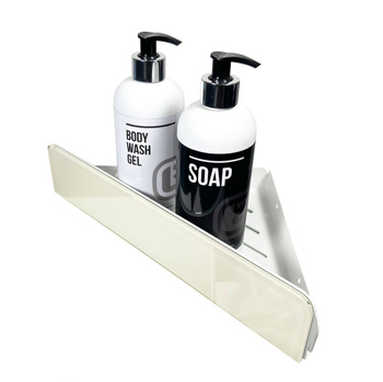 Biała półka łazienkowa narożna ze szkłem lacobel kremowy