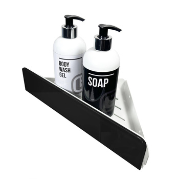 Biała półka łazienkowa narożna ze szkłem lacobel czarny