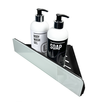 Czarna półka łazienkowa narożna ze szkłem lacobel biały