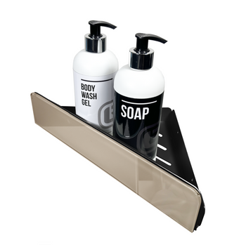 Czarna półka łazienkowa narożna ze szkłem lacobel beżowy